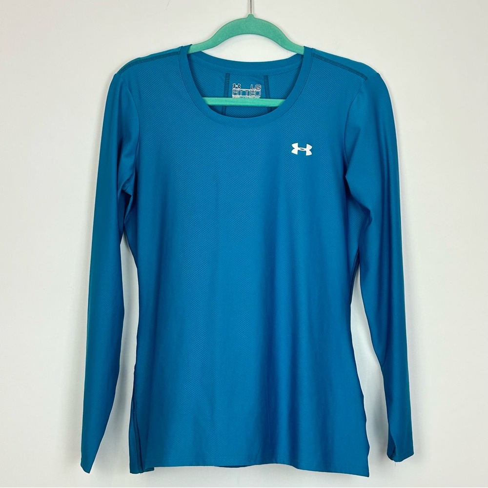 Under Armour Women’s Blue Teal Heatgear Crew Neck Long Sleeve Athletic Top Sz L